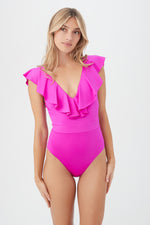 MONACO SOLIDS RUFFLE V-NECK ONE PIECE SWIMSUIT in STARGAZER PINK