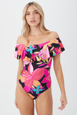 SOLAR FLORAL OFF THE SHOULDER RUFFLE ONE PIECE SWIMSUIT in MULTI