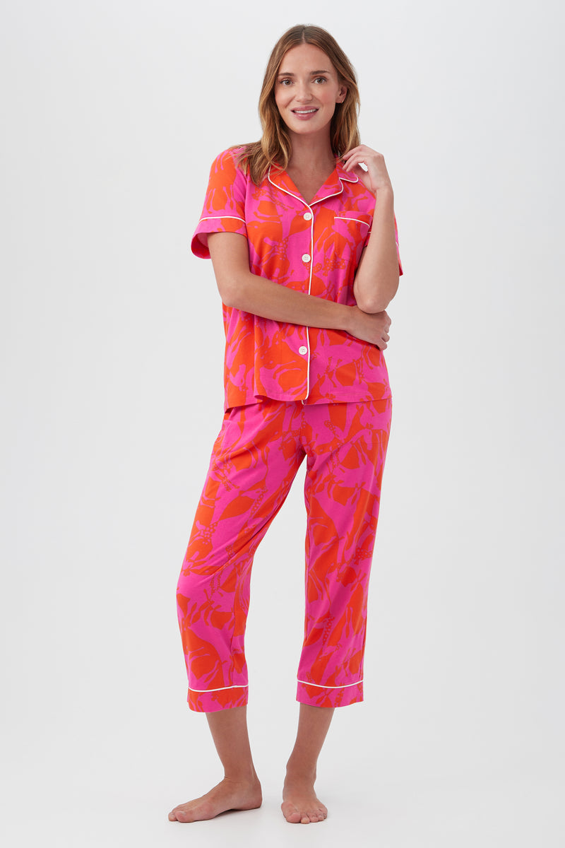 GIRAFFES WOMEN'S 3/4-SLEEVE CROPPED PANT JERSEY PJ SET in PINK