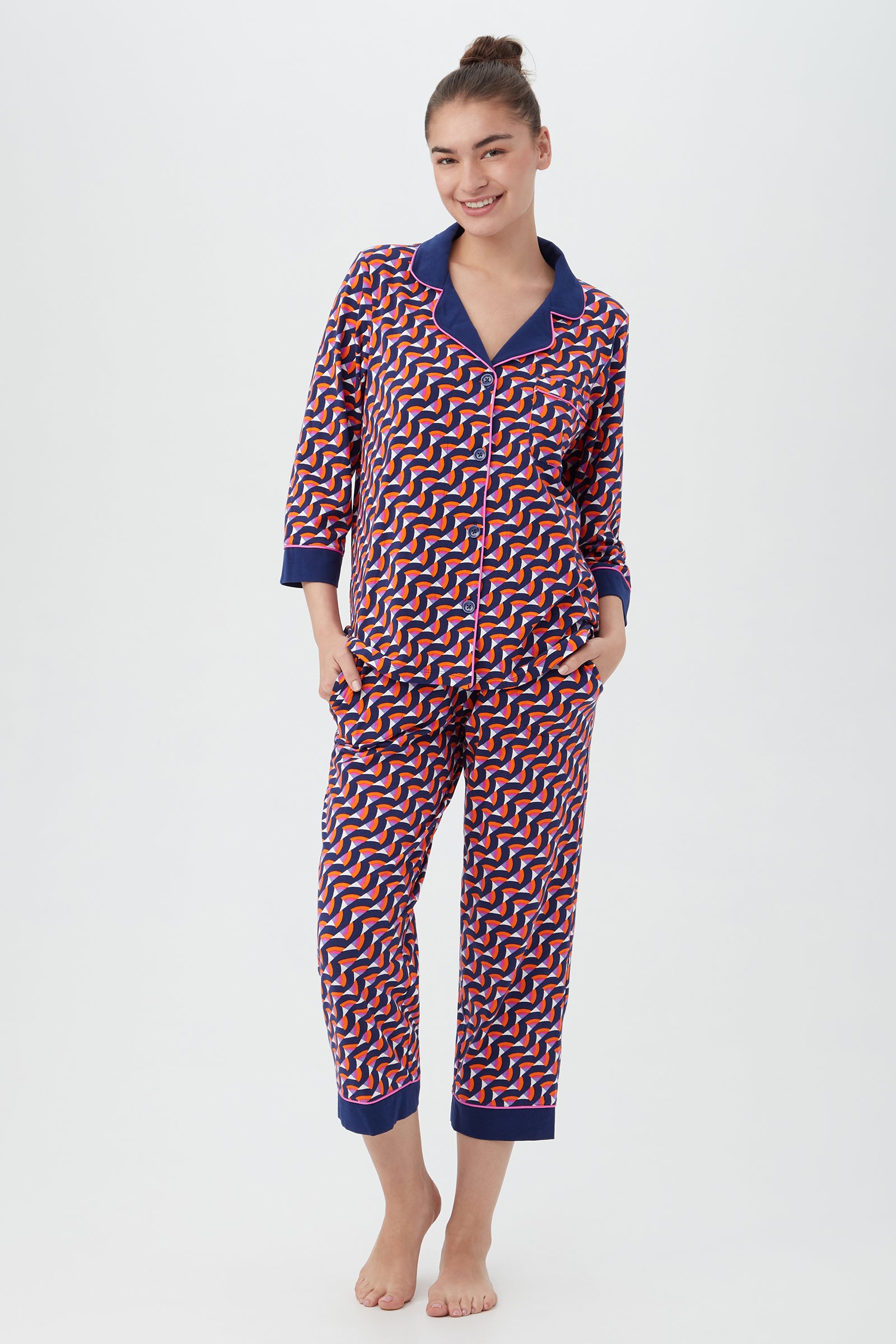 Geo Rainbow Women's 3/4-Sleeve Cropped Pant Jersey PJ Set - decent-life