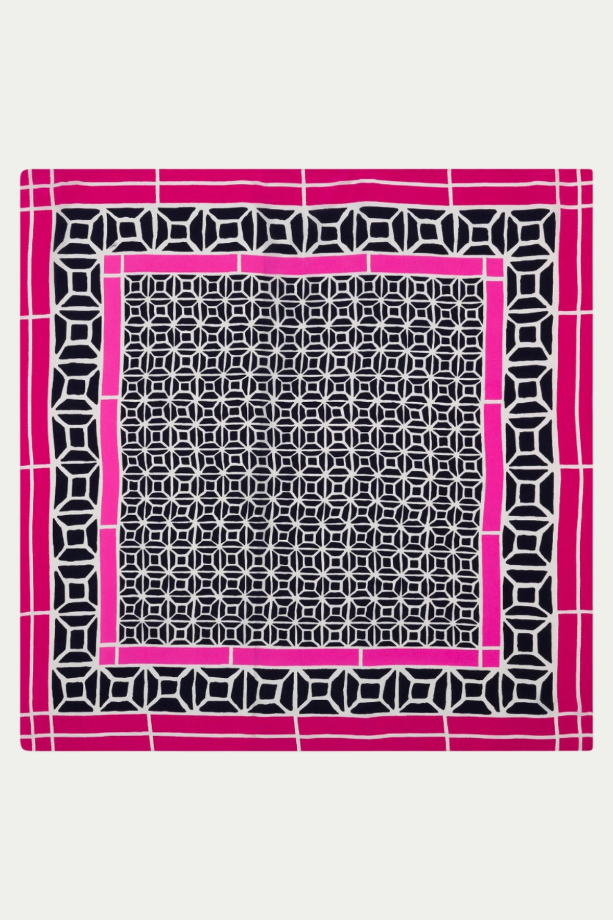 The Durell Scarf - Silk features a bold, symmetrical geometric pattern of interlocking black and white shapes, accented by magenta and white rectangular borders on a crisp white background.