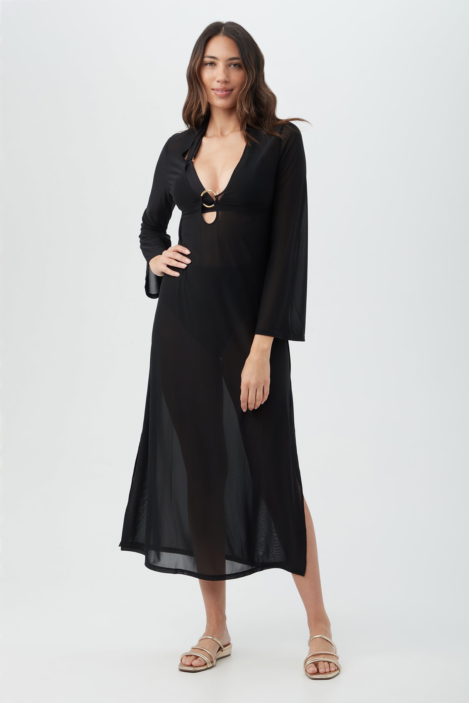 Elaire Long Sleeve V-Neck Mesh Maxi Dress Cover-Up - decent-life