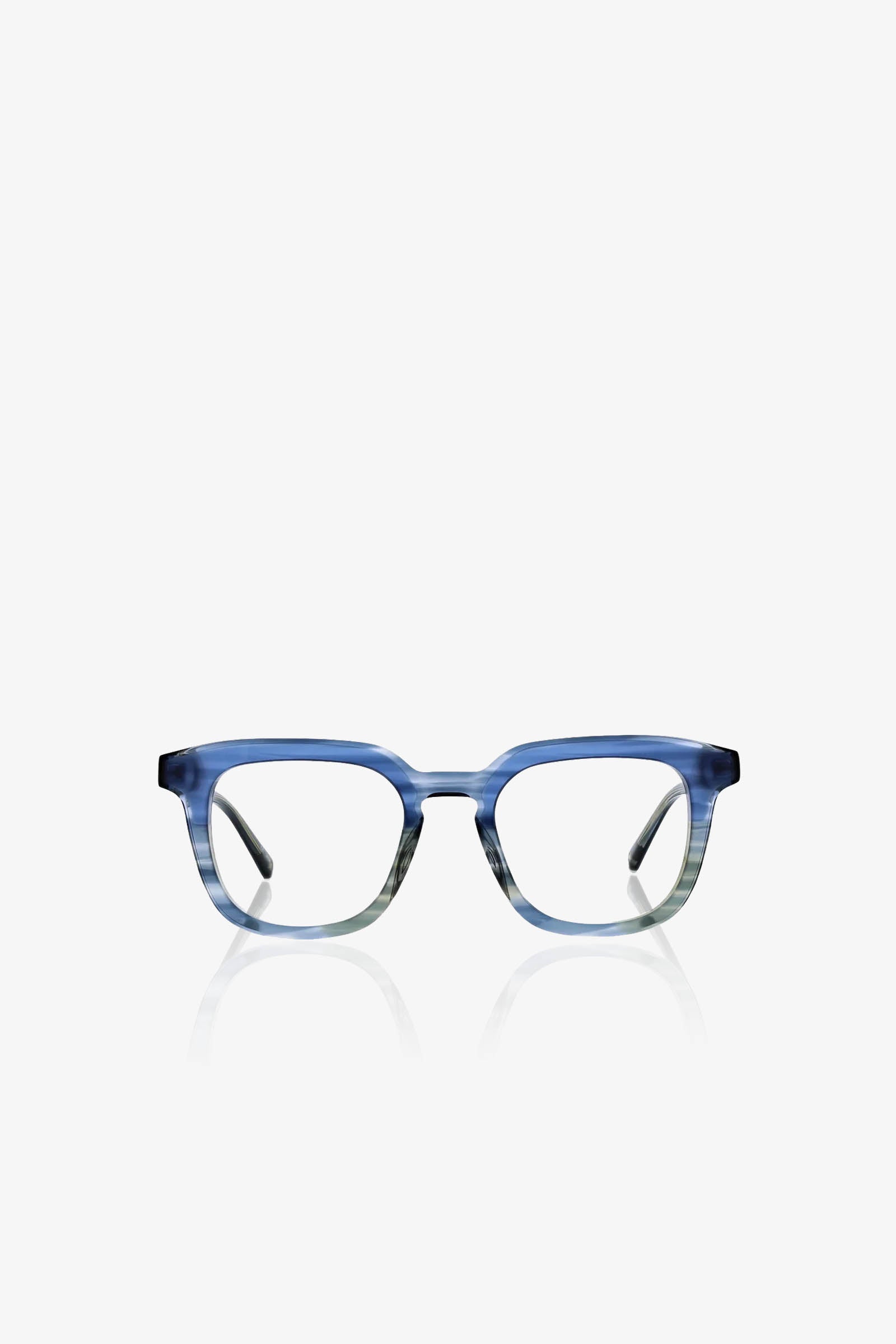 Stanford Eyeglass in a blue and gray gradient with thick rectangular frames, displayed on a white background. The glasses are shown from the front, with the arms slightly angled outward.