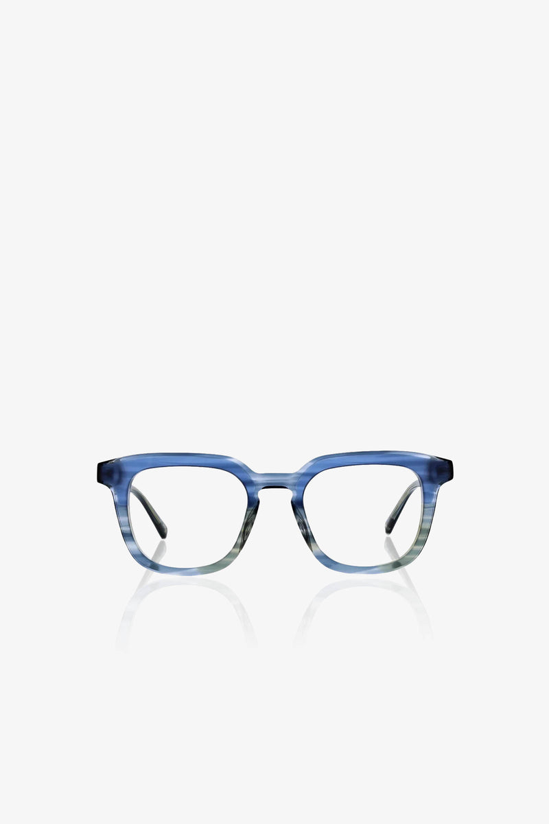 Stanford Eyeglass in a blue and gray gradient with thick rectangular frames, displayed on a white background. The glasses are shown from the front, with the arms slightly angled outward.