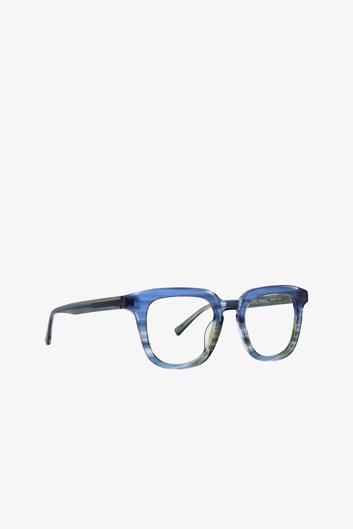 Stanford Eyeglass featuring blue rectangular frames with thick rims and black temples, displayed on a white background.