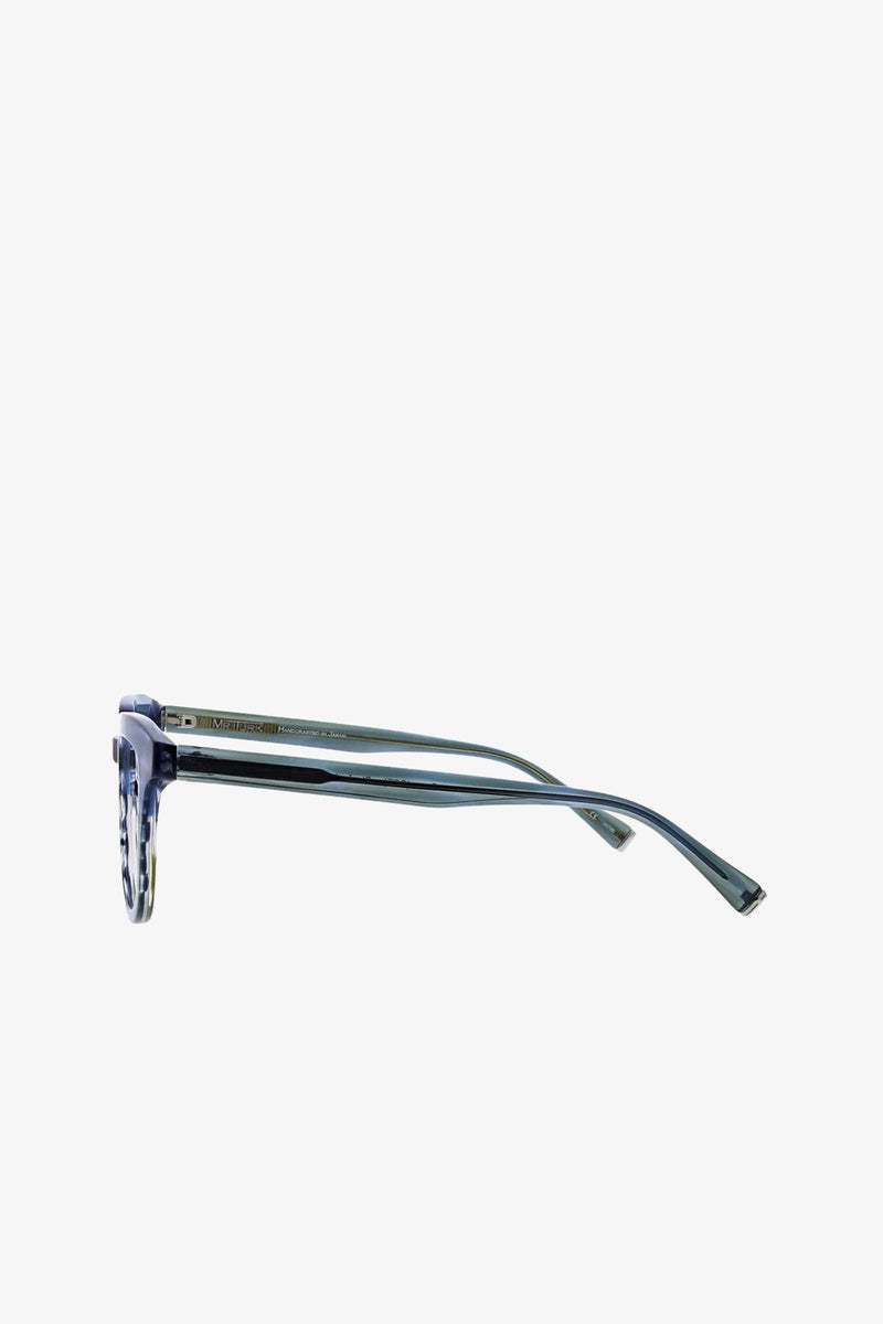 Side view of the Stanford Eyeglass in blue and clear translucent design, featuring slightly curved arms, set against a plain white background.