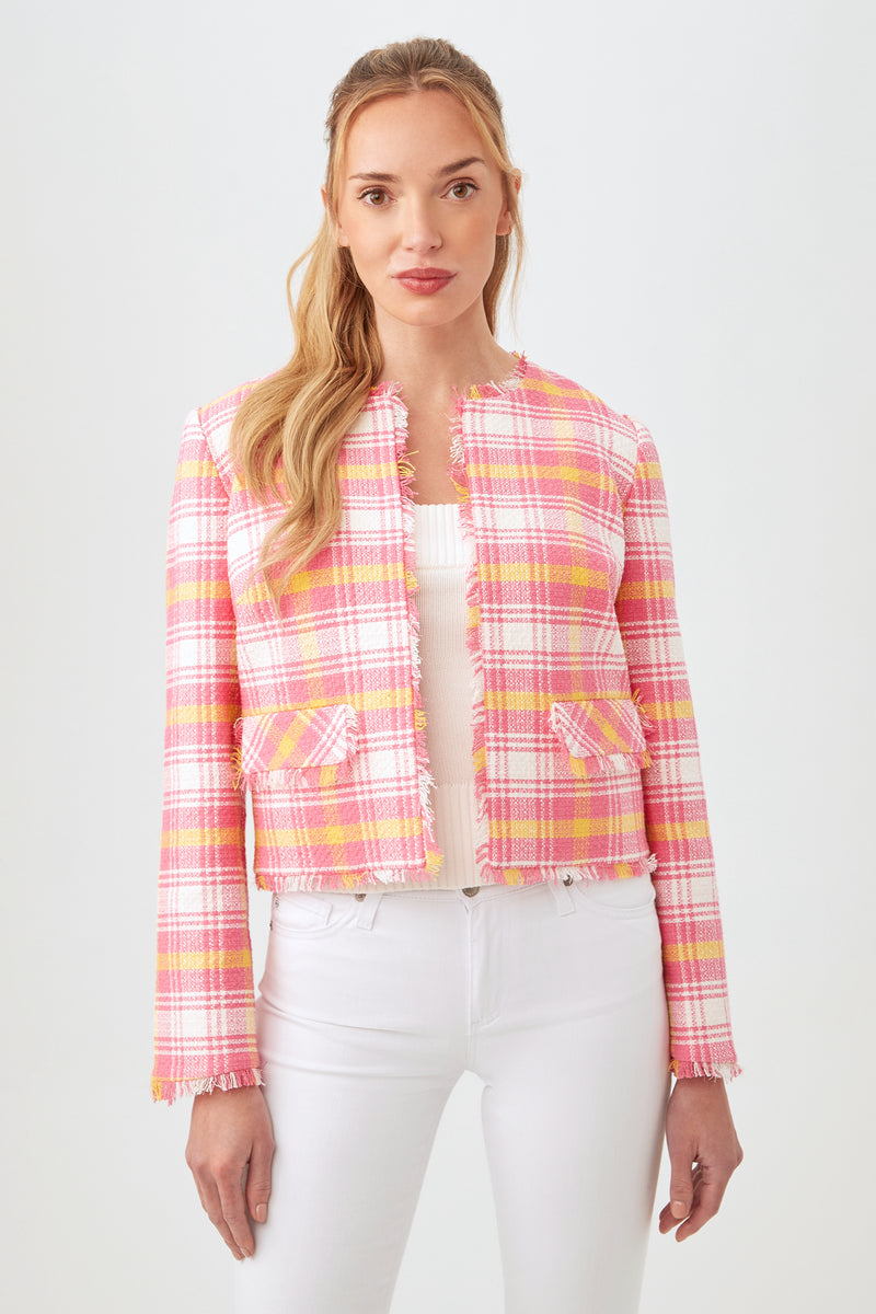 Trina Turk Women s Rocco Plaid Tweed Jacket Size 4 Linen