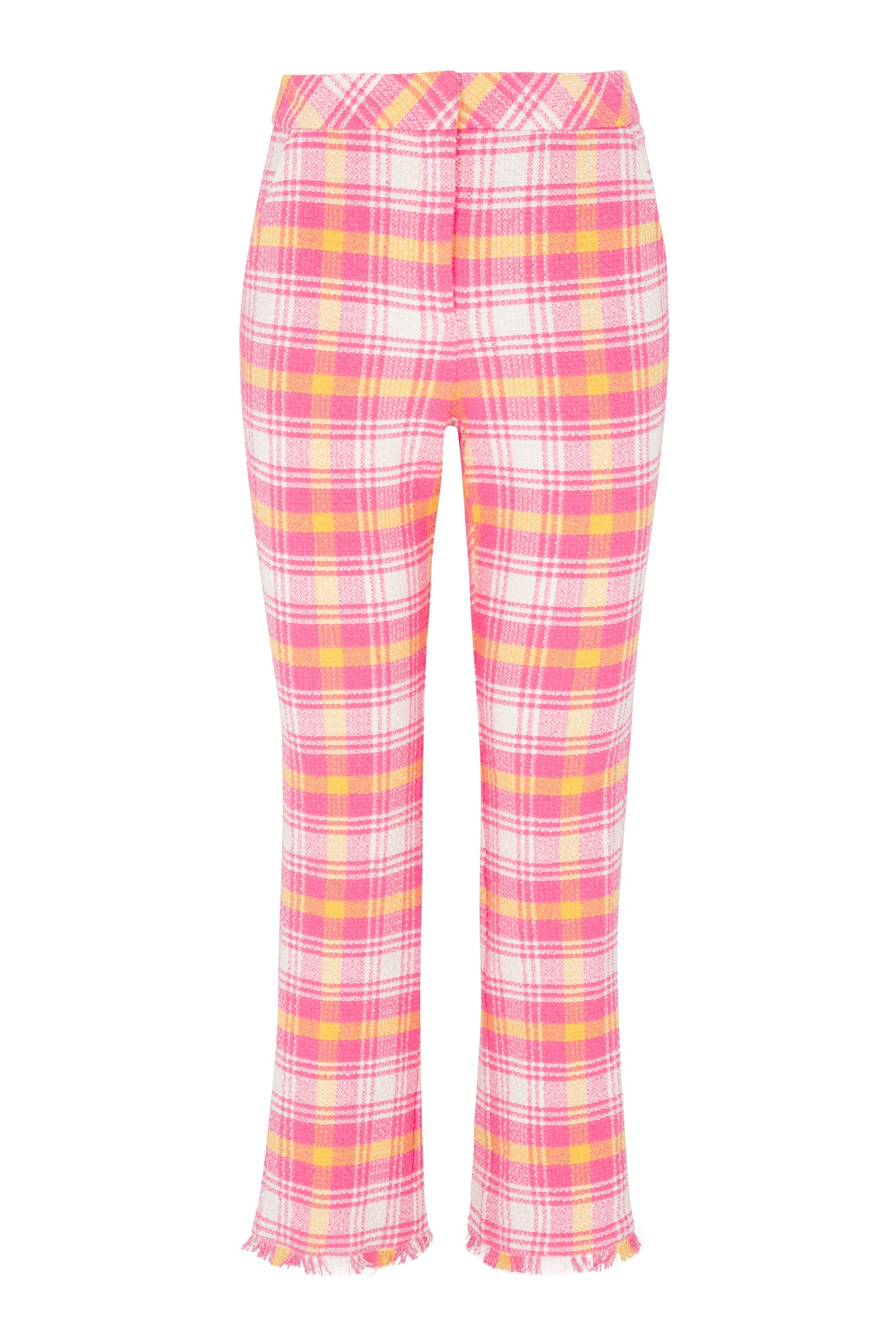 The Lulu Fringe Pant features pink, yellow, and white plaid with a fitted waist, slightly flared legs, and a subtle ruffle at the hem. Shown against a white background.