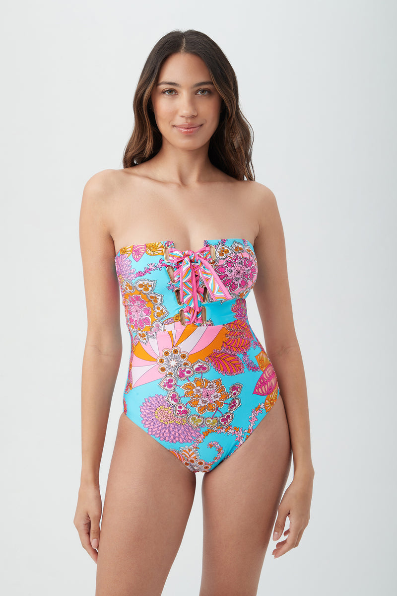 MEILANI LACE UP BANDEAU ONE PIECE in MULTI