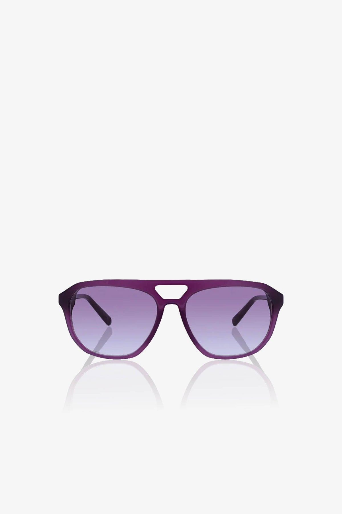 Introducing the Lawson Sunglass: purple aviator-style sunglasses crafted from vibrant purple acetate, featuring a double bridge and gradient lenses. Displayed on a white background with a subtle reflection below, these sunglasses provide reliable UVA/UVB protection for both stylish and safe wear.