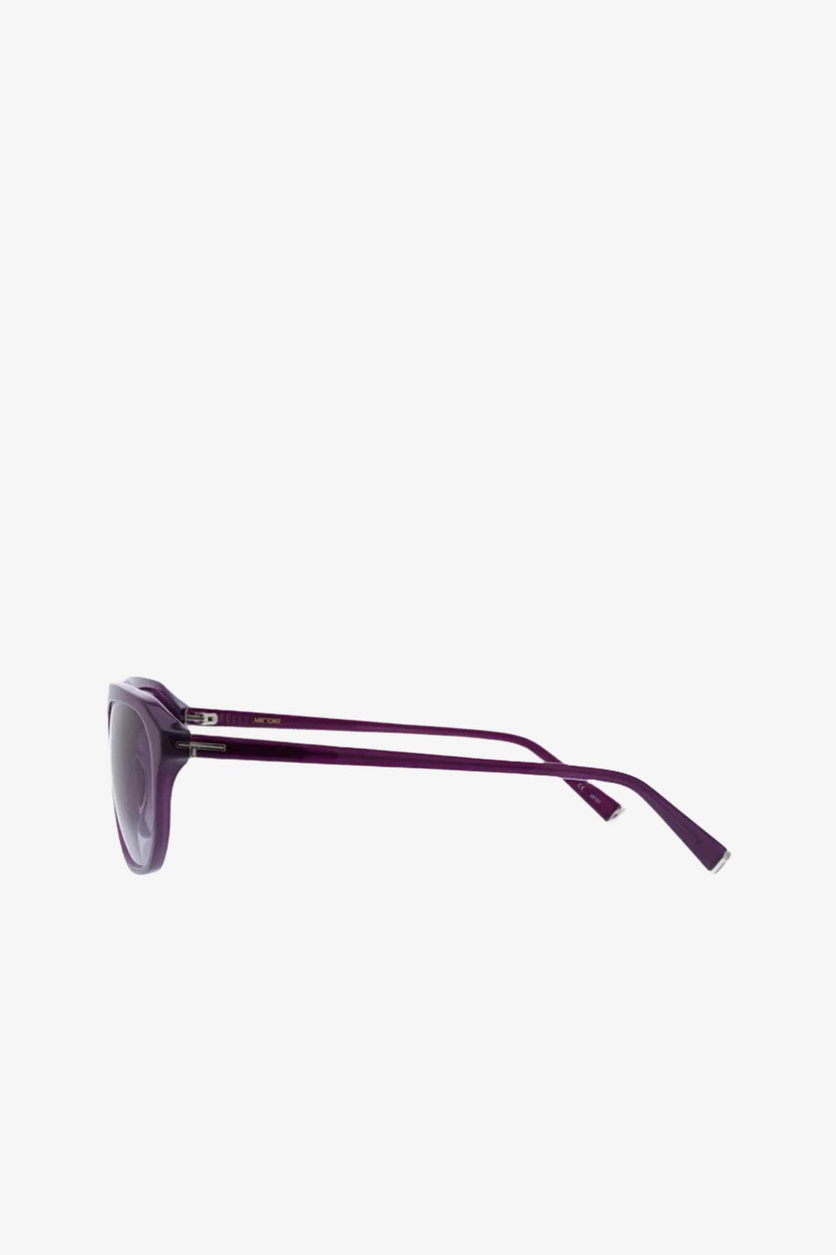The Lawson Sunglass is shown from the side against a plain white background, highlighting its rich purple acetate frames and sleek arm design. These aviator sunglasses provide 100% UVA/UVB protection, making them perfect for stylish, everyday wear.