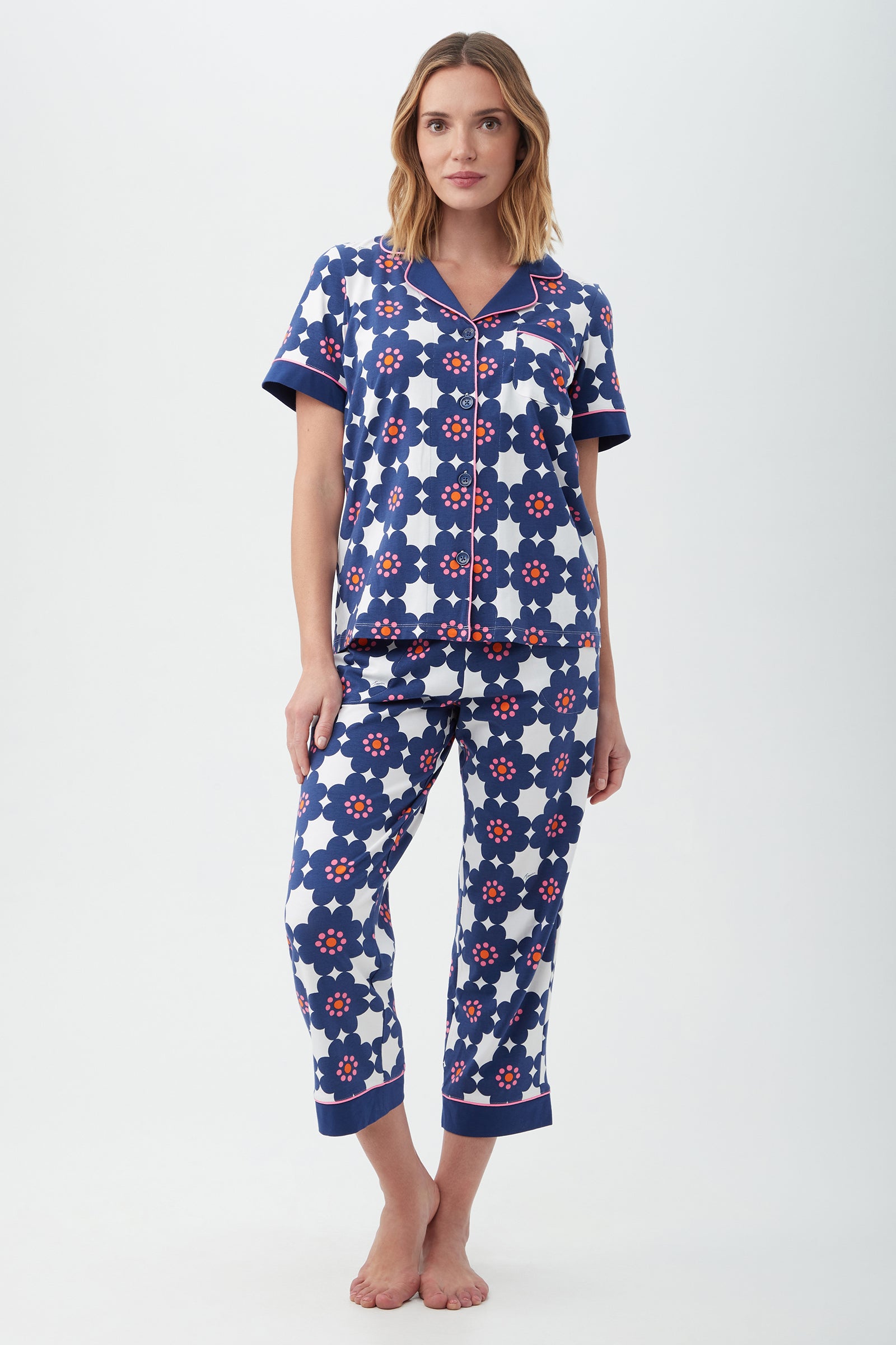 Floral Tile Women's Short Sleeve Cropped Pant Jersey PJ Set - decent-life