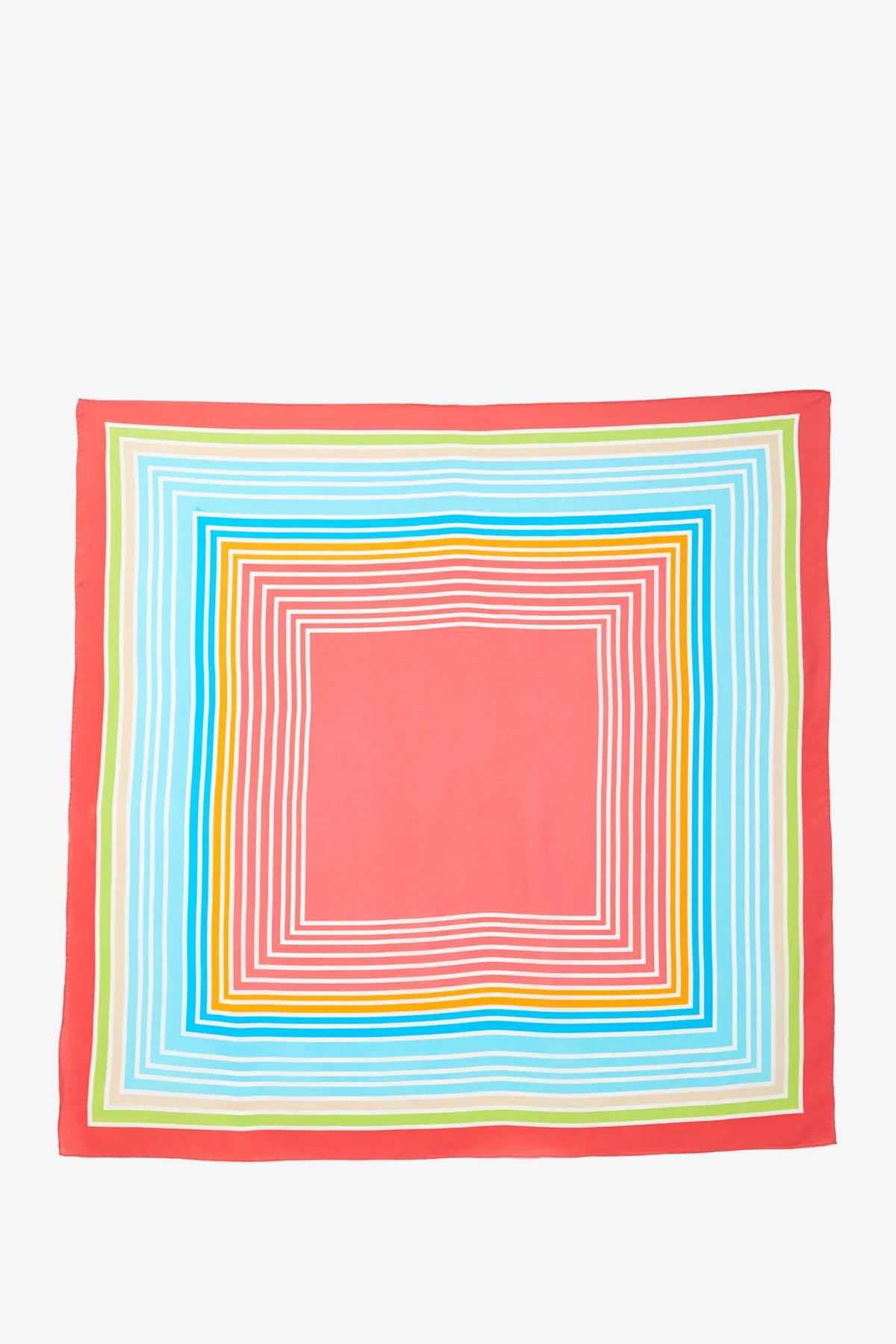 A square Stripe Scarf featuring concentric squares in pink, orange, blue, green, and yellow on a pink background. The bold geometric design creates a vibrant and colorful statement piece.
