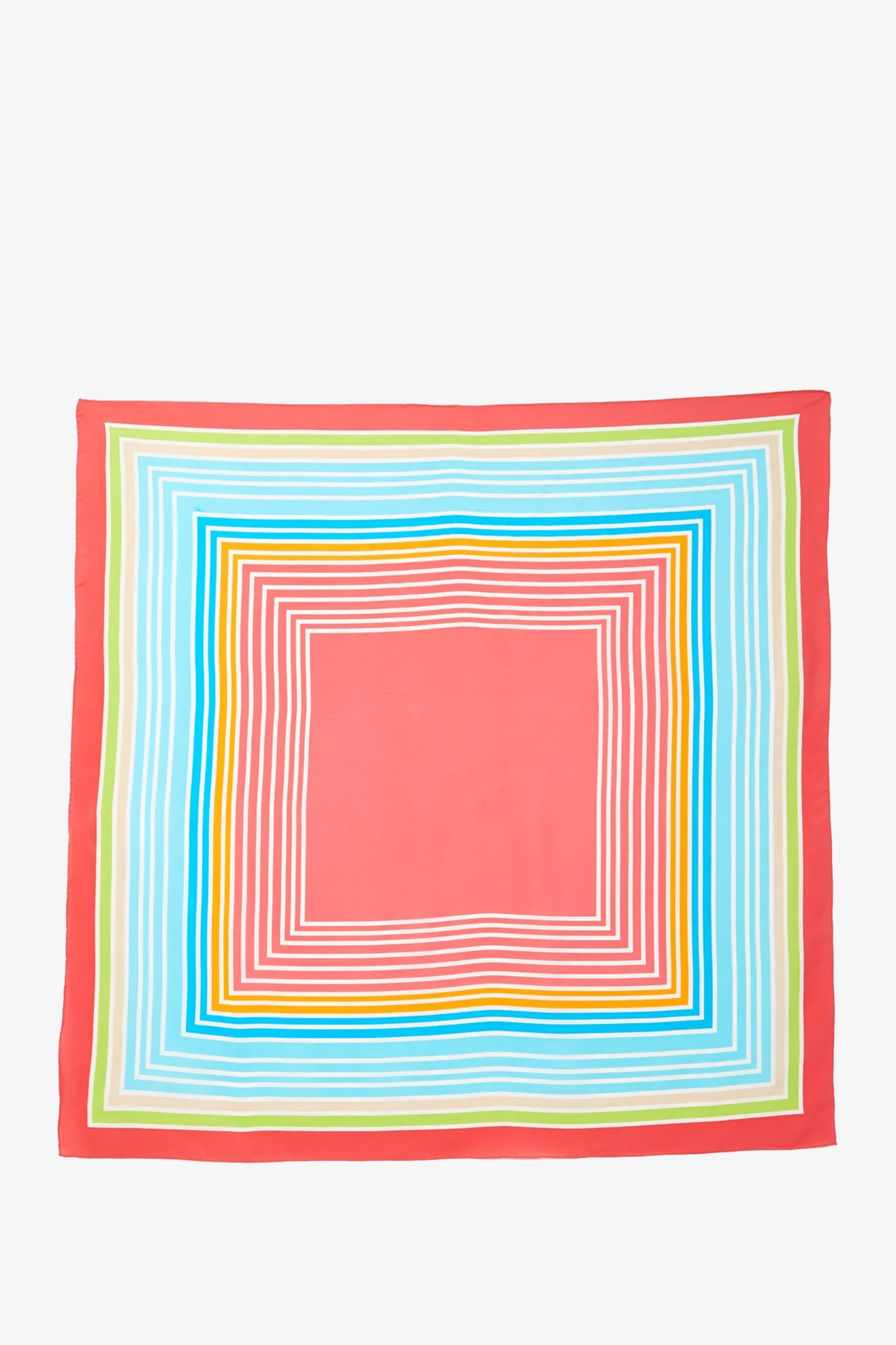 A square Stripe Scarf featuring concentric squares in pink, orange, blue, green, and yellow on a pink background. The bold geometric design creates a vibrant and colorful statement piece.