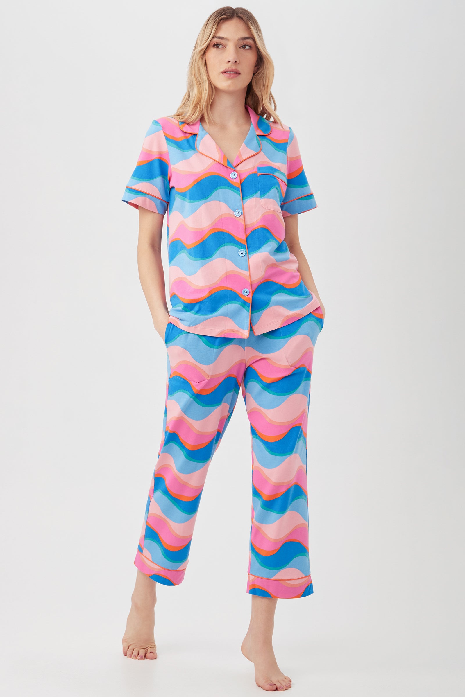 New Wave Women's Short Sleeve Cropped Pant Jersey PJ Set - decent-life