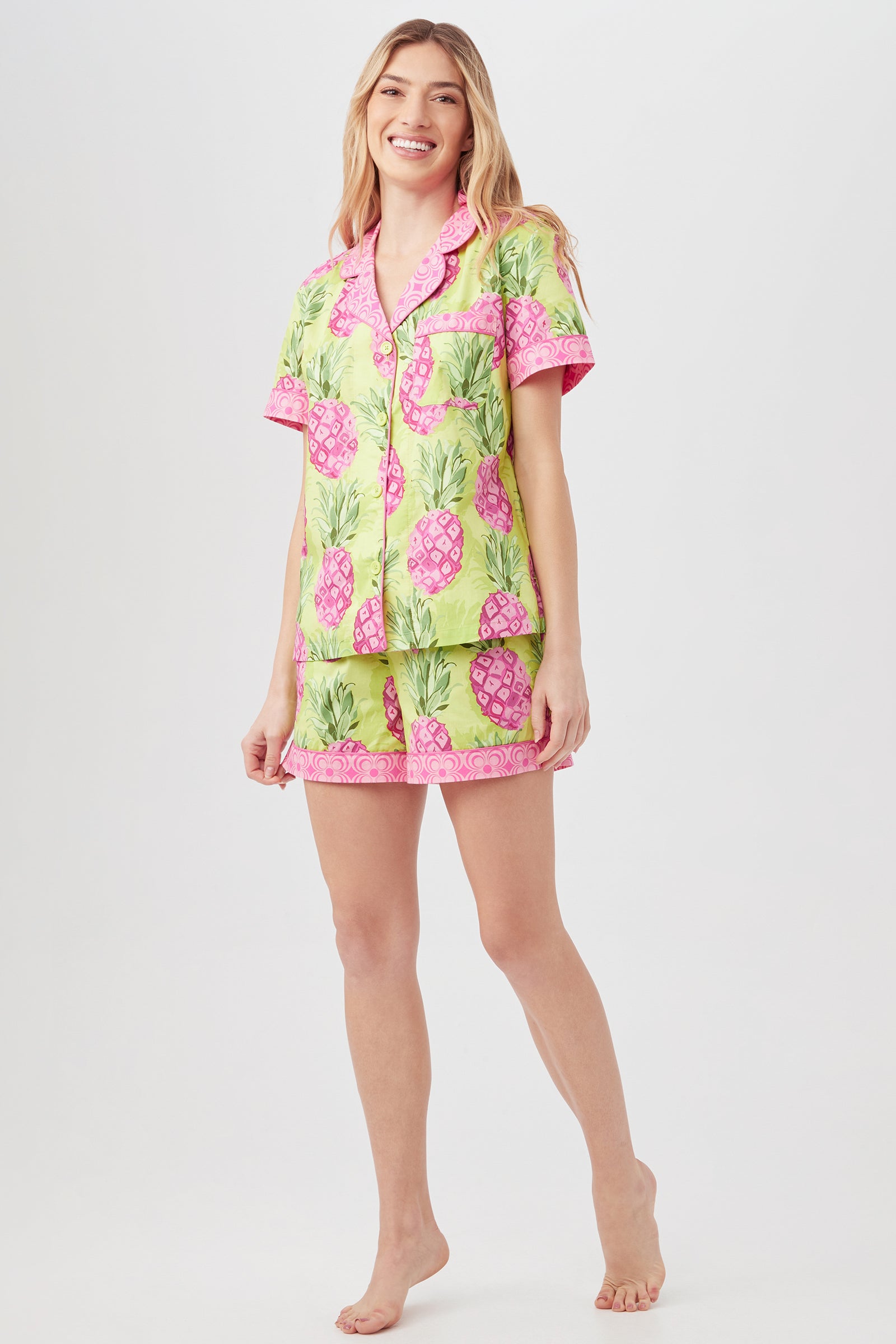 Kiwi Pineapple Women's Short Sleeve Shorty Poplin PJ Set - decent-life
