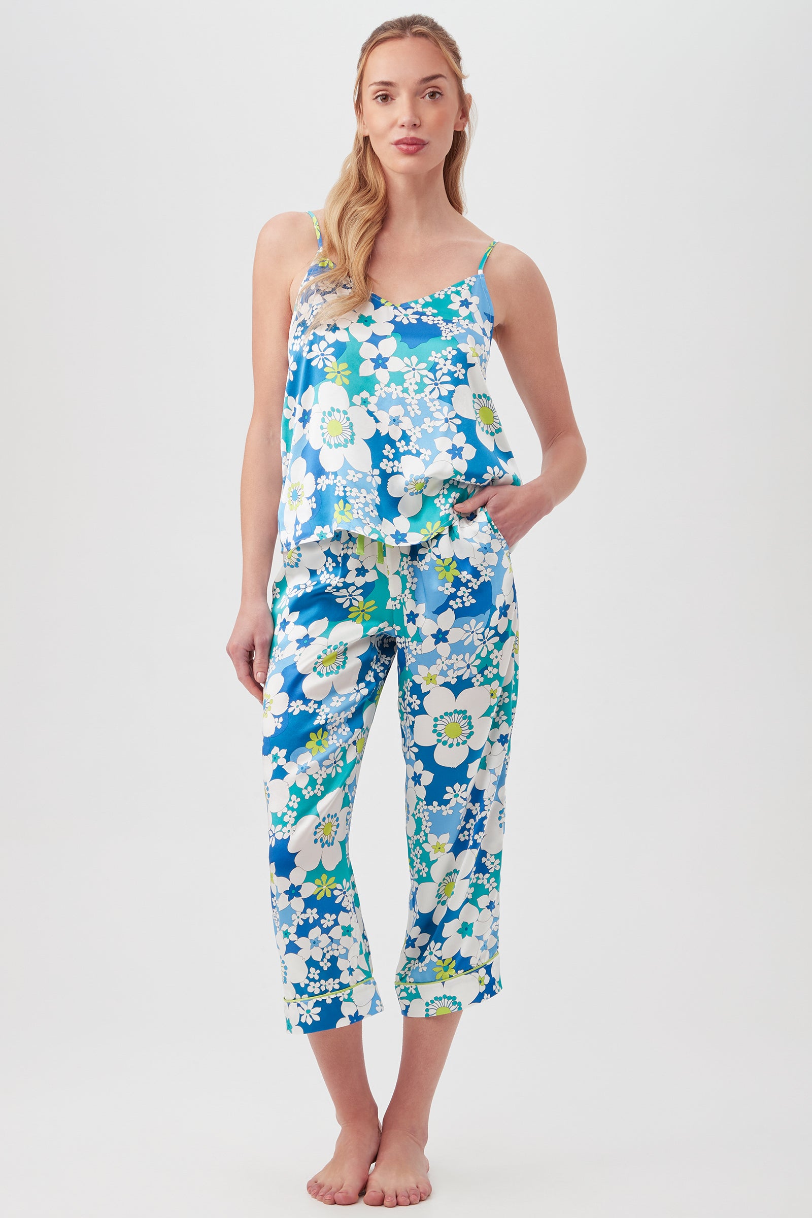 Bali Blue Floral Women's Cami Tank Cropped Pant Silk PJ Set - decent-life