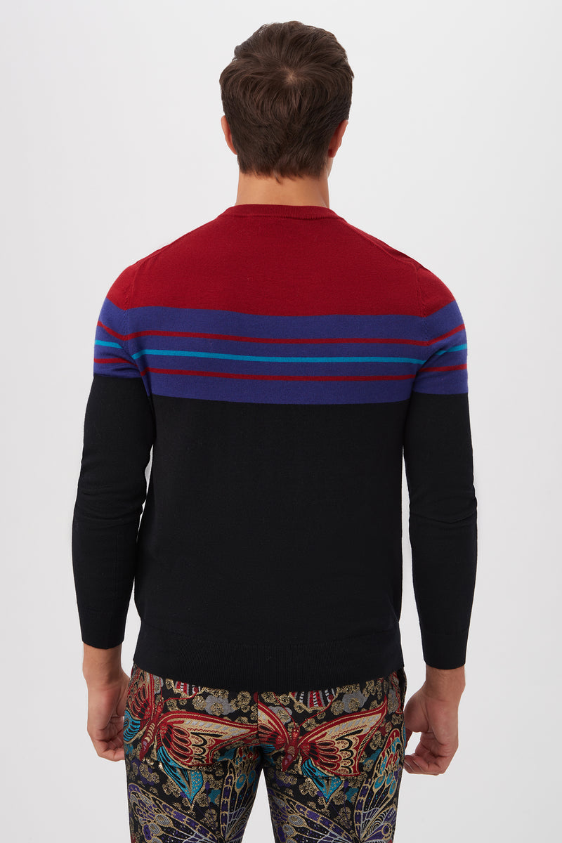 A man stands with his back to the camera, wearing the Romero Crewneck Sweaterâ€”featuring red and black sections with horizontal blue and purple stripesâ€”paired with butterfly-print pants.