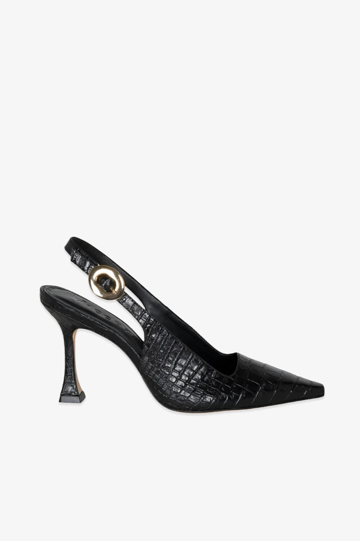 The Naomi Slingback Heel is a black, crocodile-textured high heel featuring a pointed toe and a gold buckle accent on the strap, displayed against a plain white background.