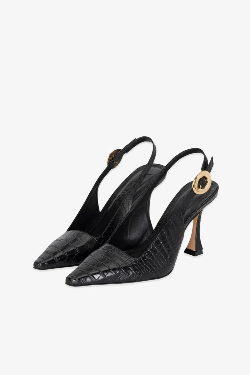 A pair of Naomi Slingback Heels in black with crocodile-textured finish, featuring pointed toes and gold buckles on the straps, displayed against a white background.