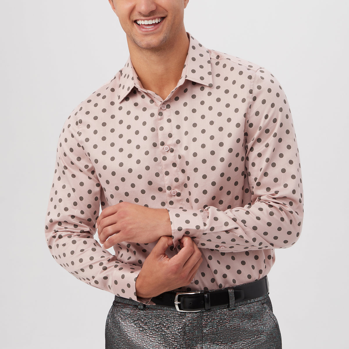 NUTEXROL Men's Casual Cotton Polka Dot Long Sleeve Shirt - Button Down Dress Shirt With Chest Pocket