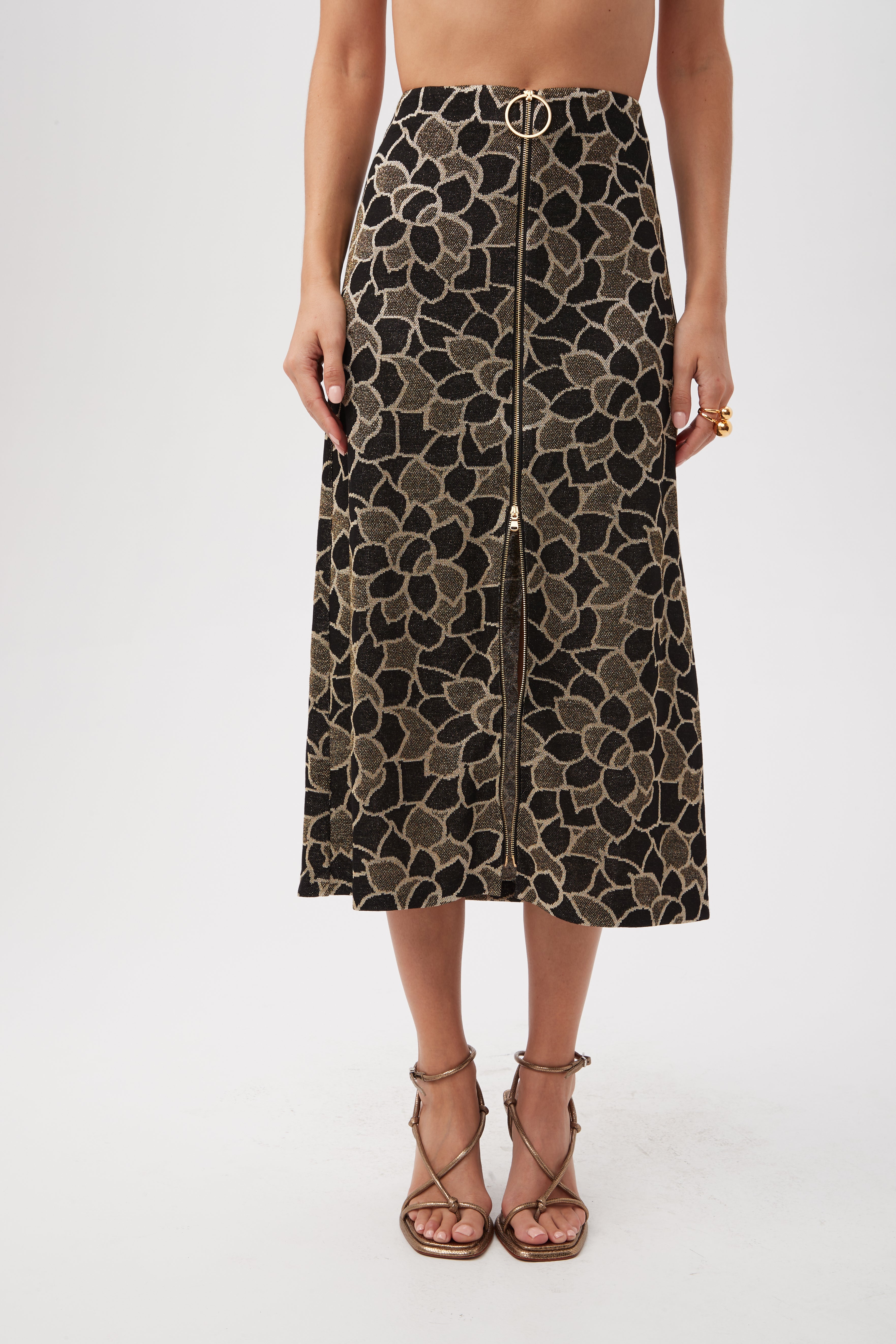 Zane Metallic Knit Jacquard Zip-Front Midi Skirt