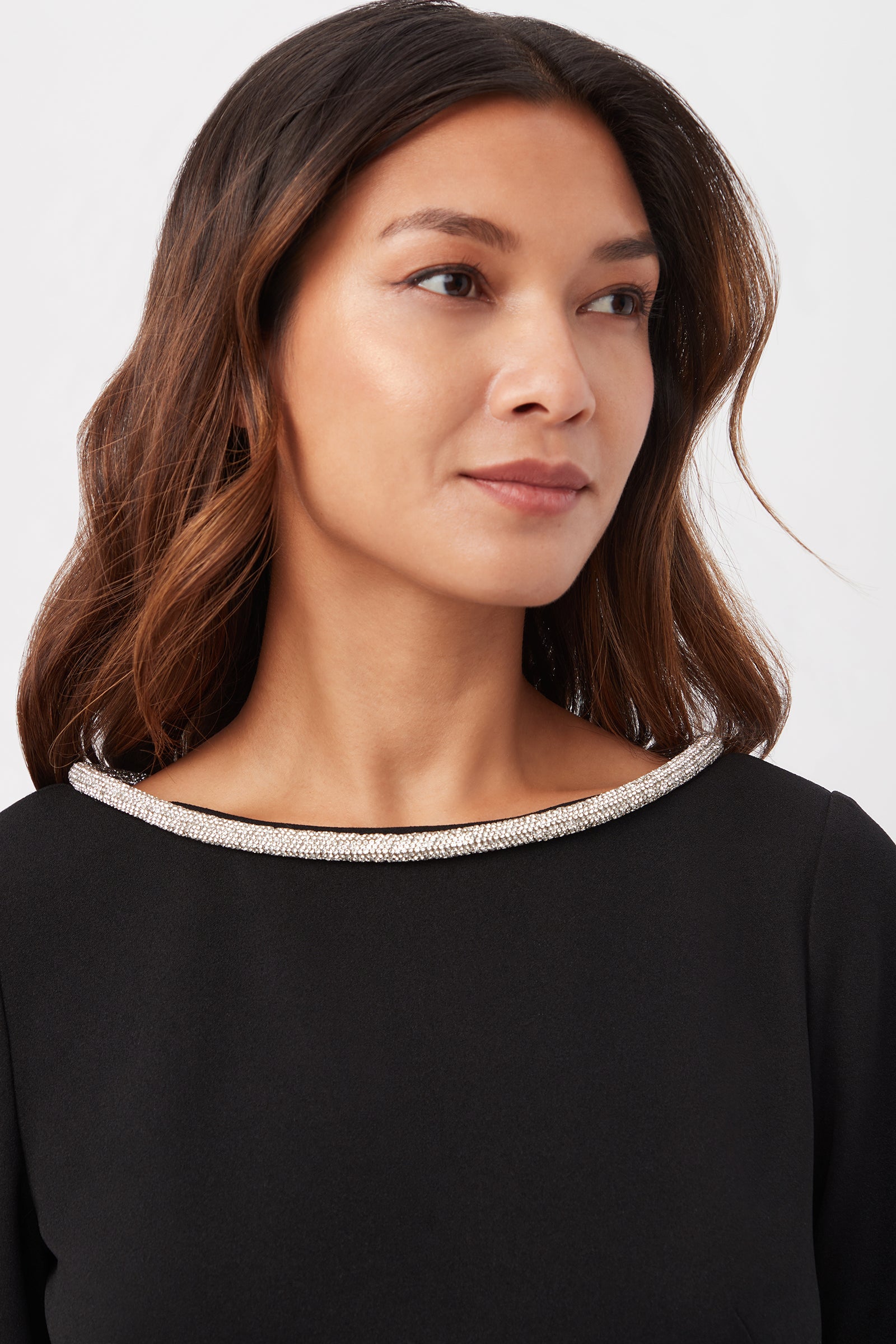 Sabia Long-Sleeve Crepe Knit Dress With Rhinestone Trim And Waist Cutouts
