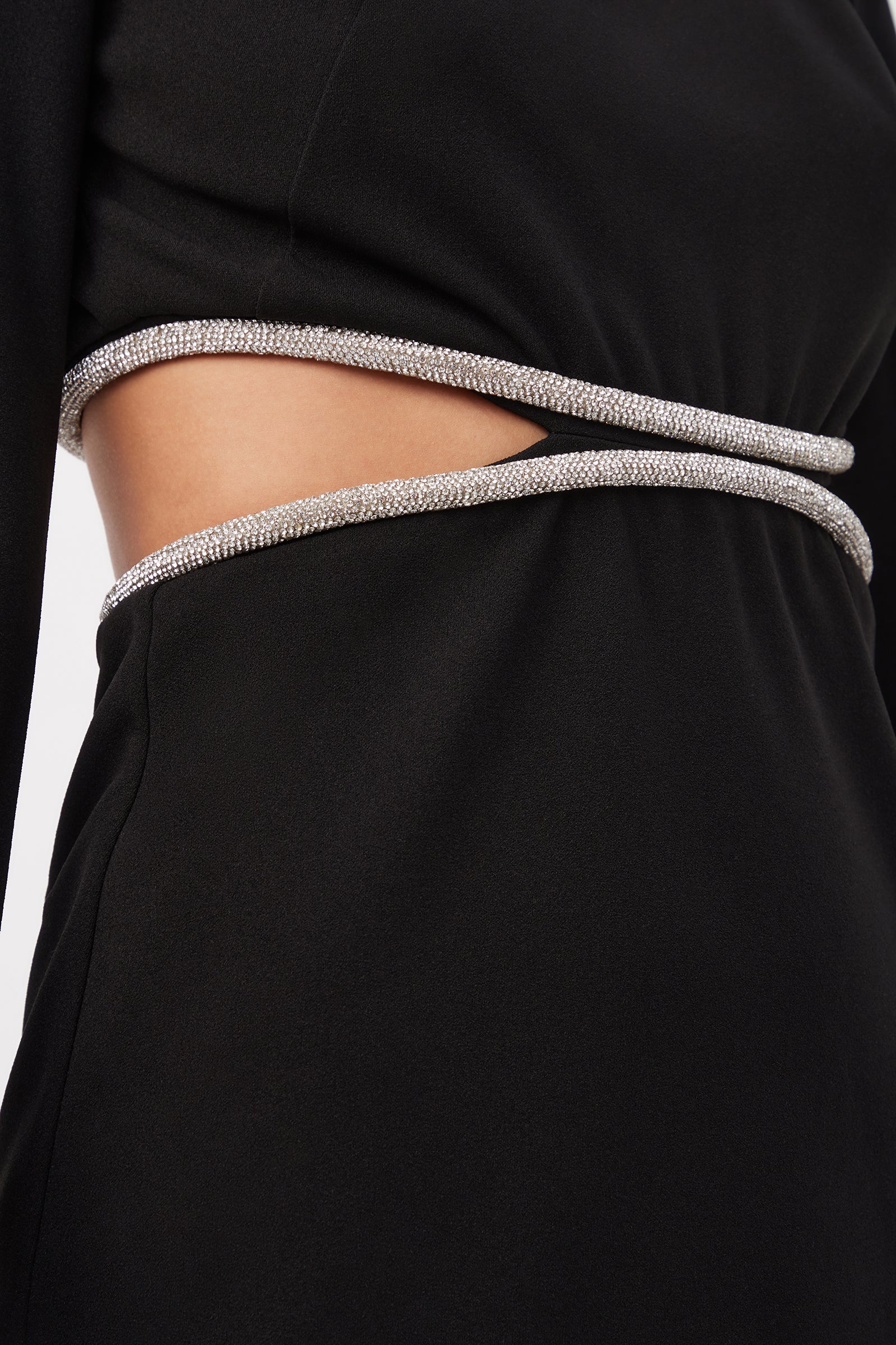 Sabia Long-Sleeve Crepe Knit Dress With Rhinestone Trim And Waist Cutouts