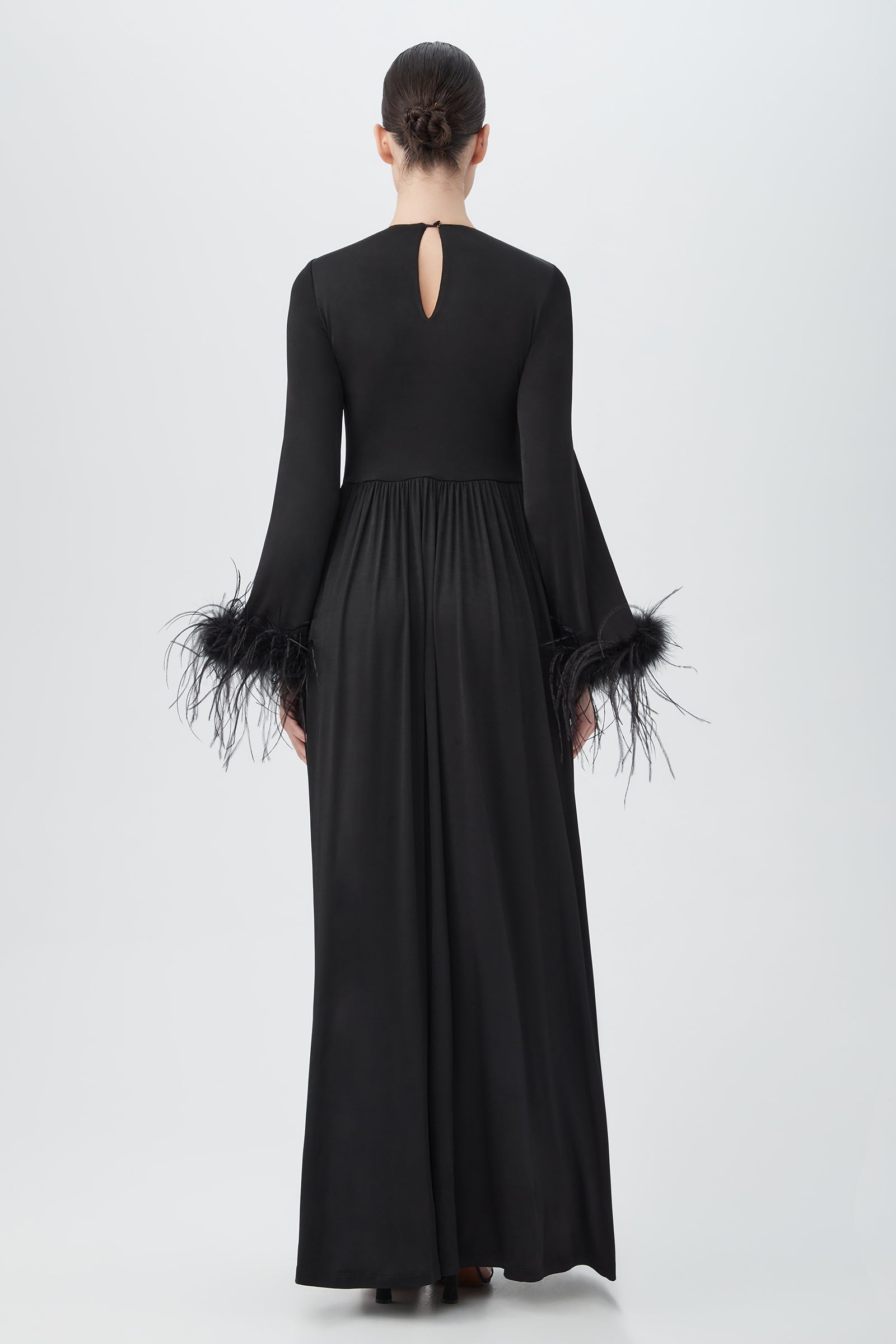 Orla Black Long-Sleeve Maxi Dress With Feather Trim