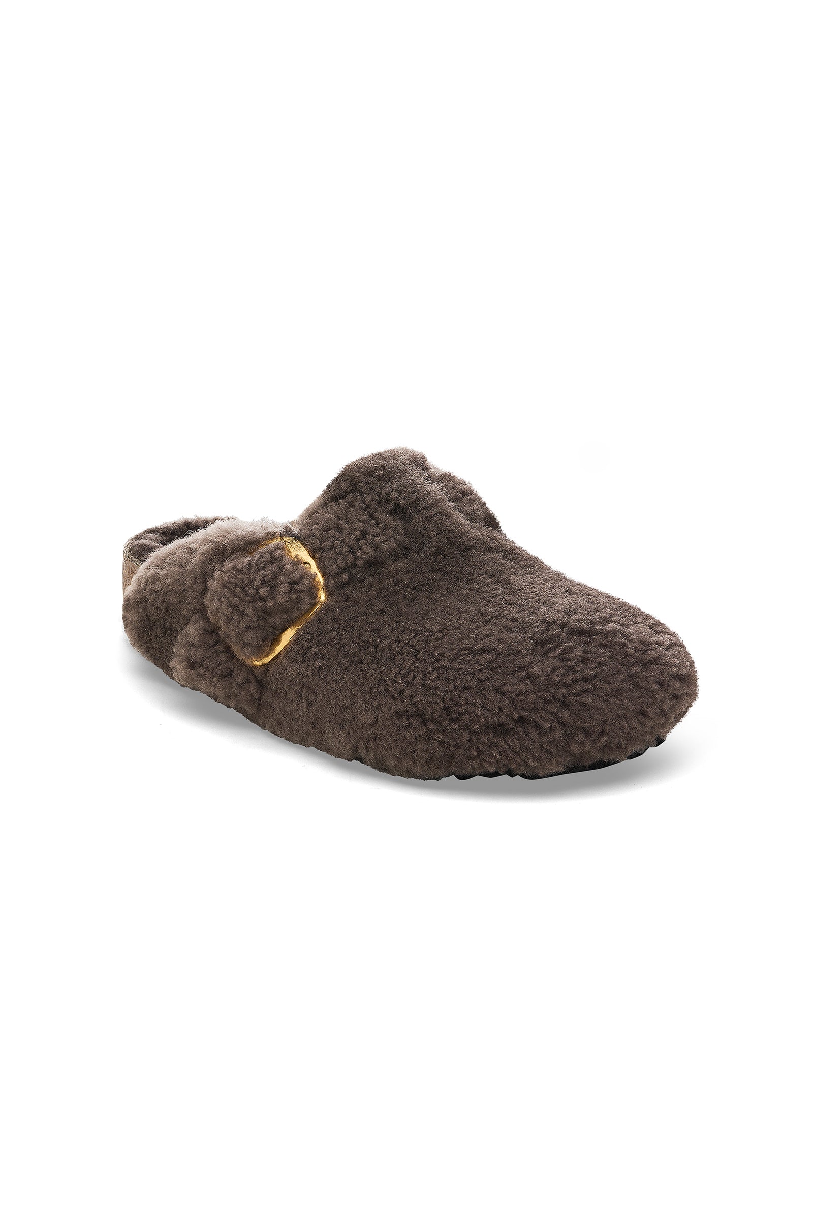 A single grey fuzzy Womens Boston Big Buckle Teddy Birkenstock clog with a rounded toe and decorative gold buckle, shown against a white background.