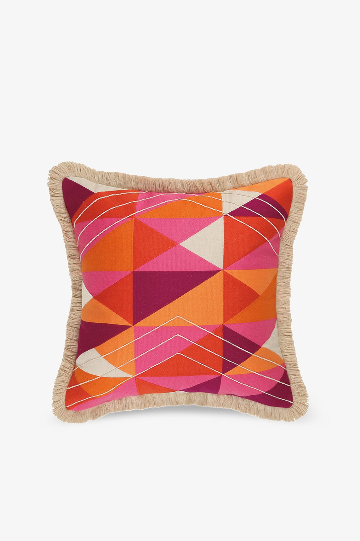 Colfax Embroidered Square Pillow with fringed edge, bold geometric pattern in orange, pink, and red, white stitched lines on a plain white background.