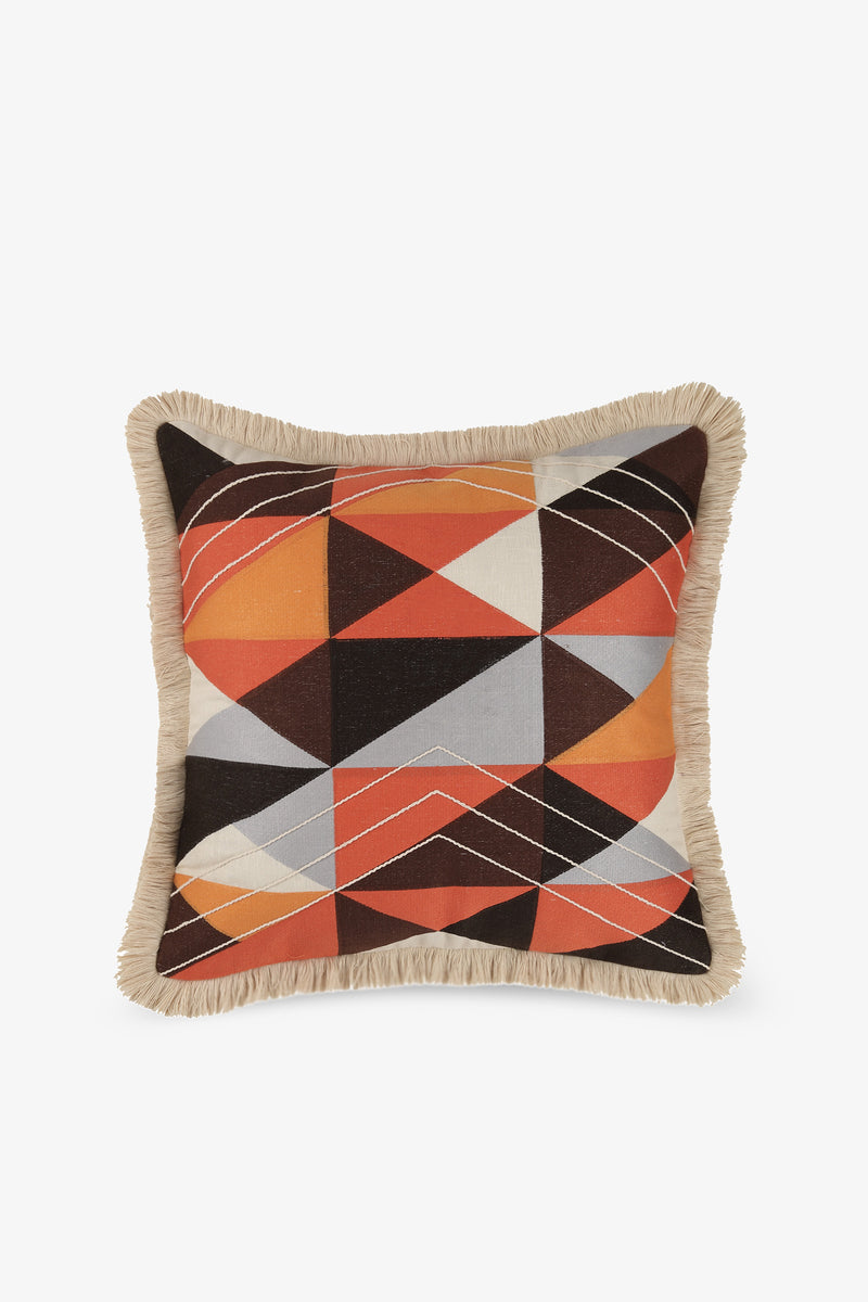 Colfax Embroidered Square Pillow in orange features a geometric triangle design with black, brown, and gray, finished with beige fringe on a white background.