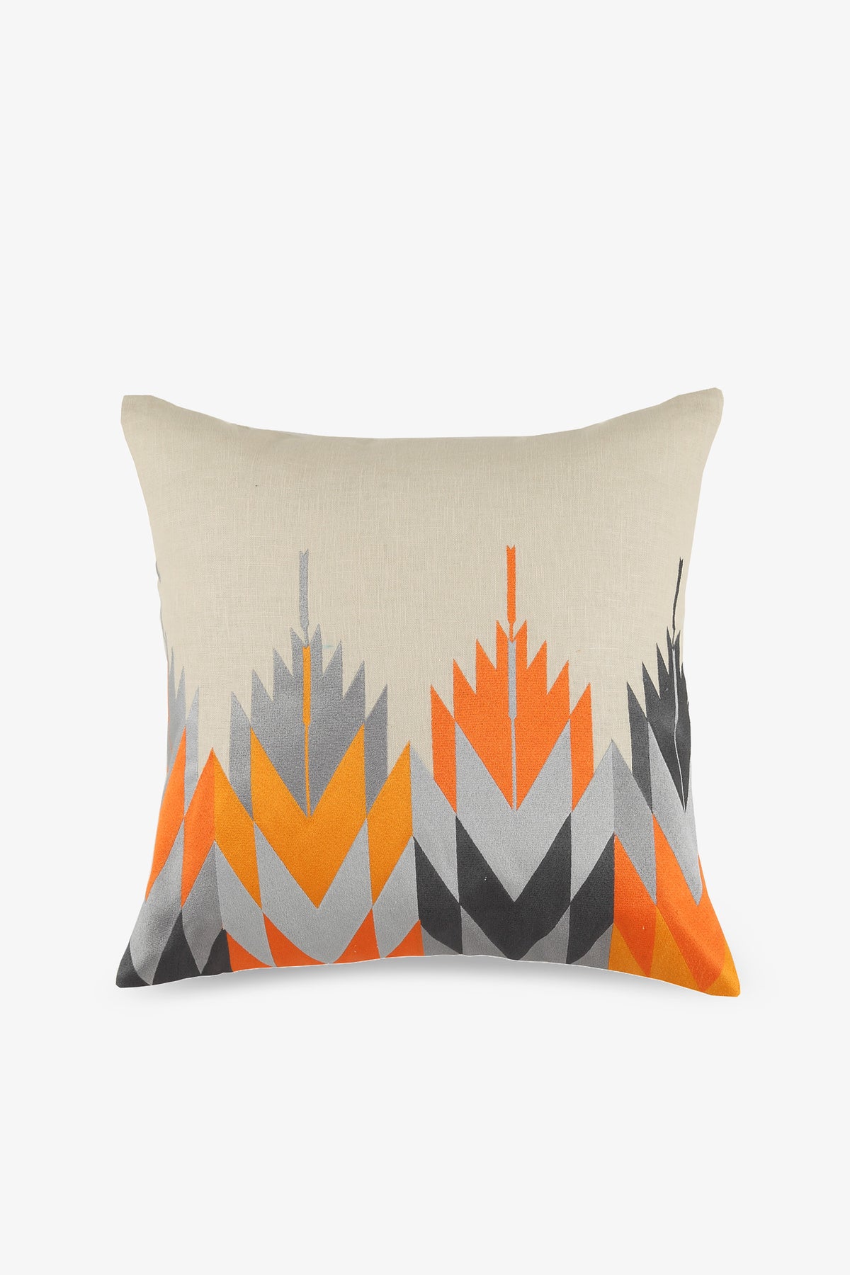 Cypress Embroidered Square Pillow in GREY features a geometric chevron pattern in orange, gray, and black on a cream background with a mountain-like zigzag at the bottom.