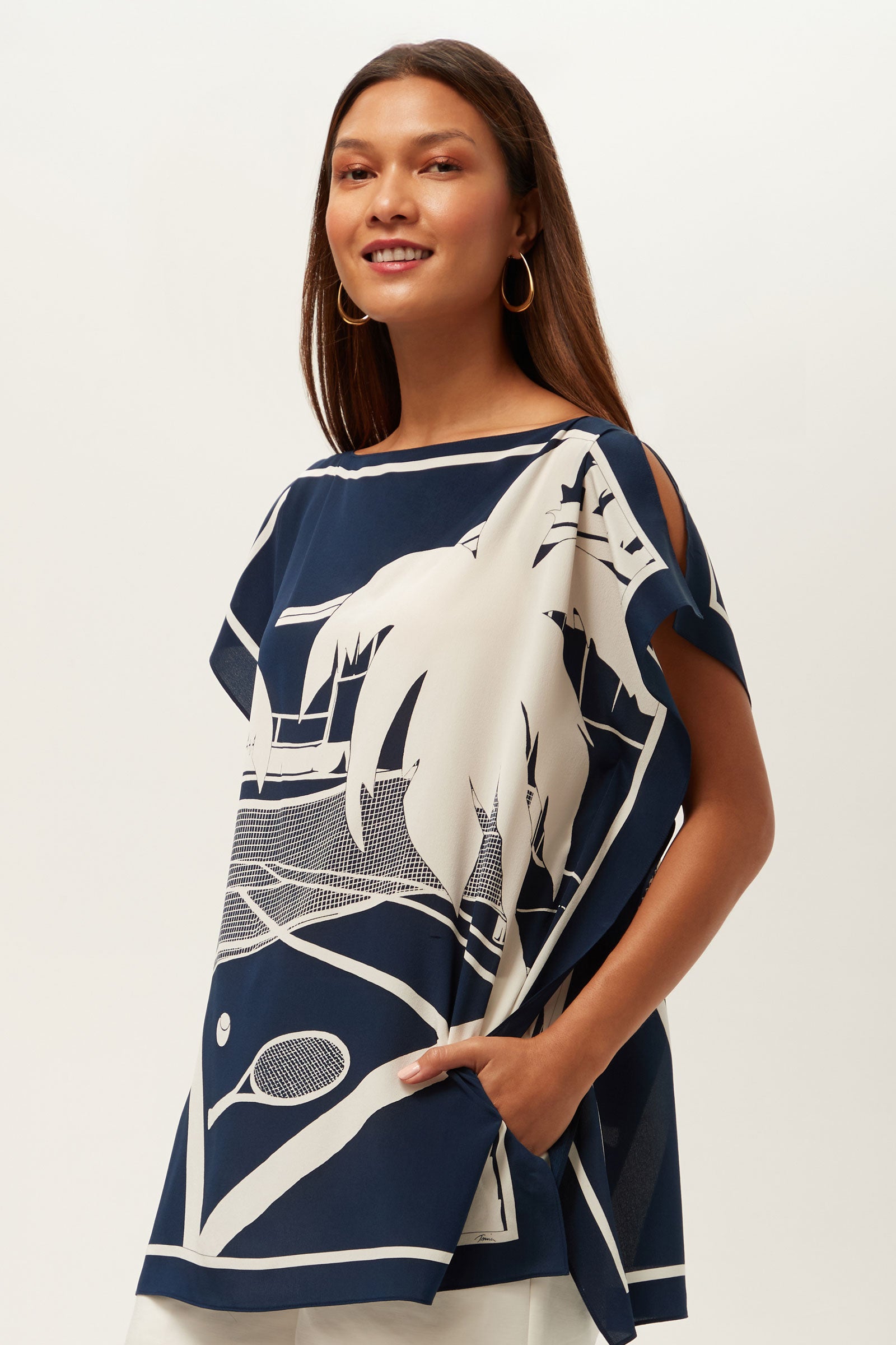 Rina Split-Sleeve Top - Tennis Scarf Silk