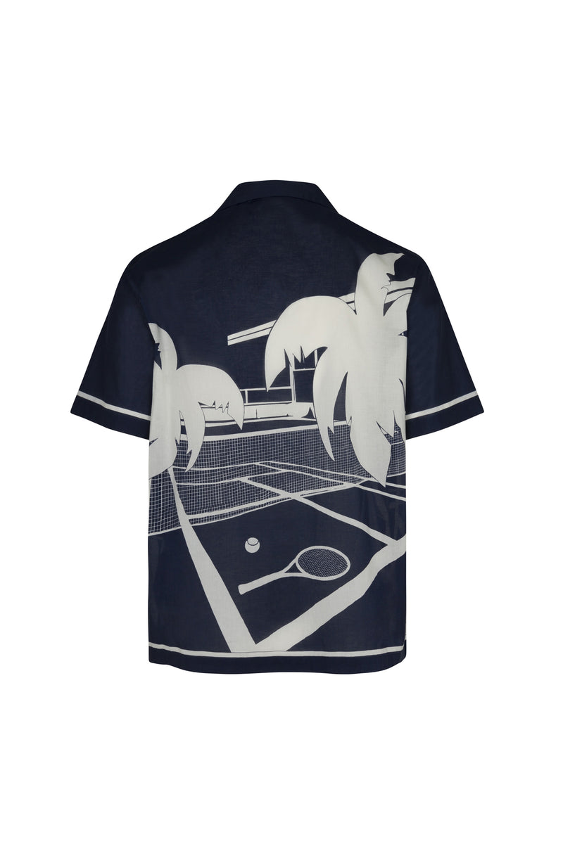 The Josue Short-Sleeve Shirt - Tennis Print is a navy tee with a white graphic on the back showing palm trees, a tennis court, racket, and ball.