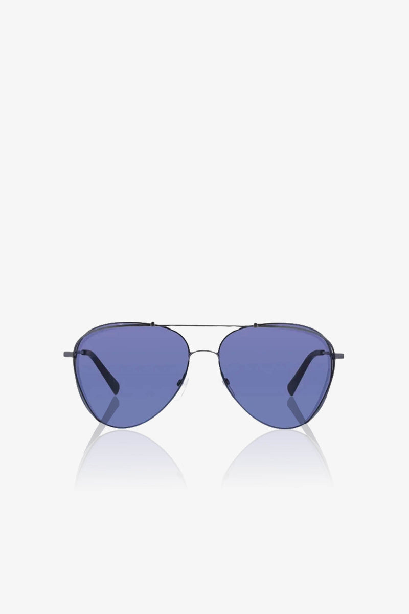 The MRT Otto Metal Frame Aviator Sunglasses, featuring thin black frames and blue-tinted lenses, are displayed on a plain white background.