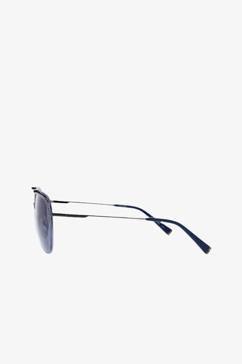 Side view of the MRT Otto Metal Frame Aviator Sunglasses, featuring thin metal frames, blue temple arms, and blue-tinted lenses, set against a plain white background.