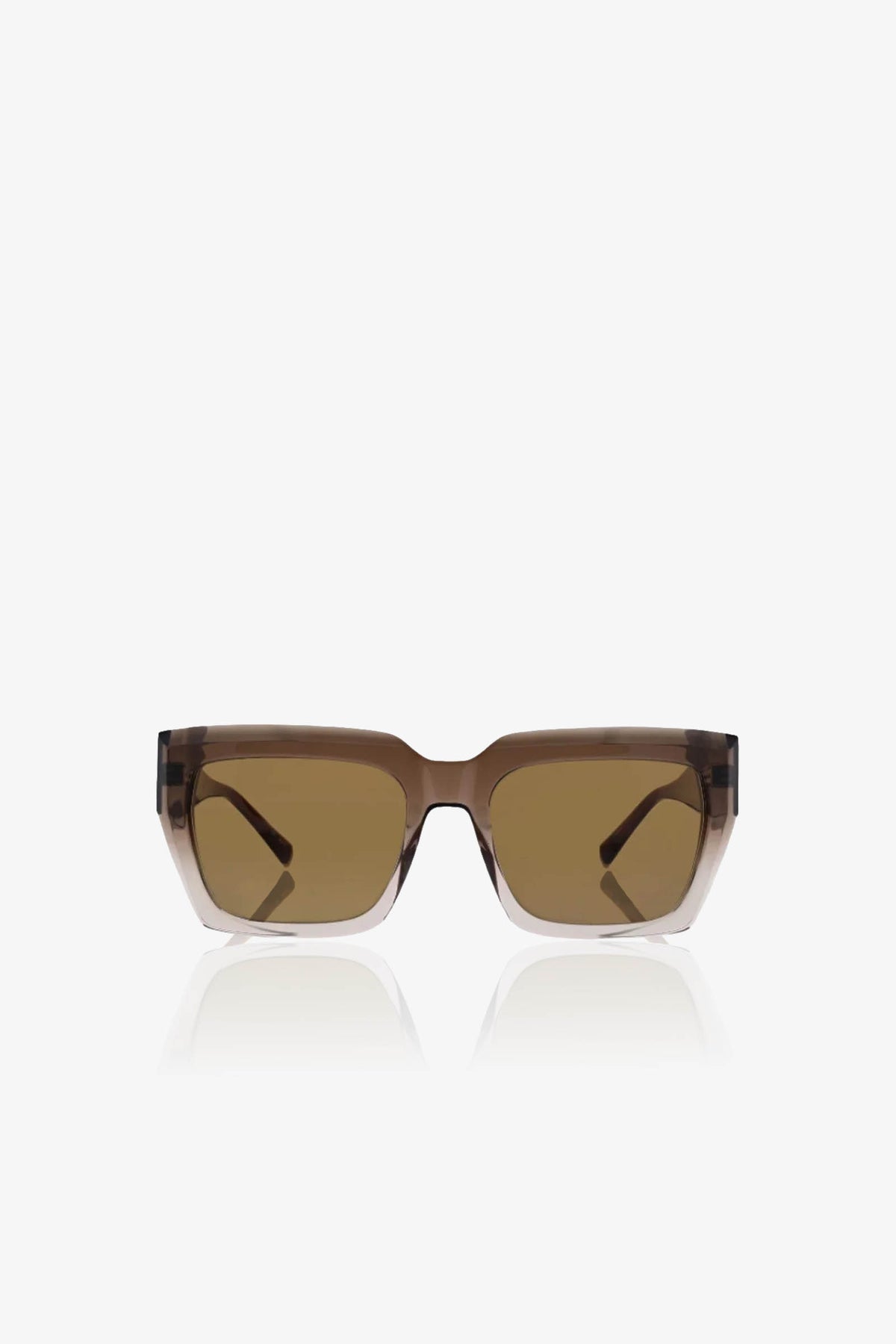 MRT Bruno Square Acetate Sunglasses featuring brown rectangular thick frames and slightly tinted lenses, displayed upright against a plain white background with subtle reflections beneath them.
