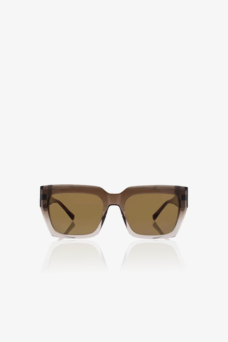 MRT Bruno Square Acetate Sunglasses featuring brown rectangular thick frames and slightly tinted lenses, displayed upright against a plain white background with subtle reflections beneath them.