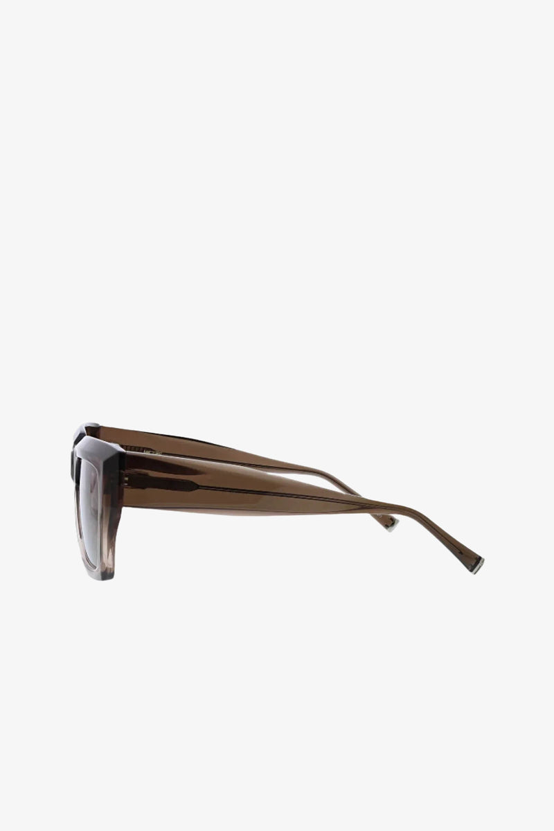 Side view of the MRT Bruno Square Acetate Sunglasses, featuring thick brown translucent rectangular frames and matching arms, set against a plain white background.