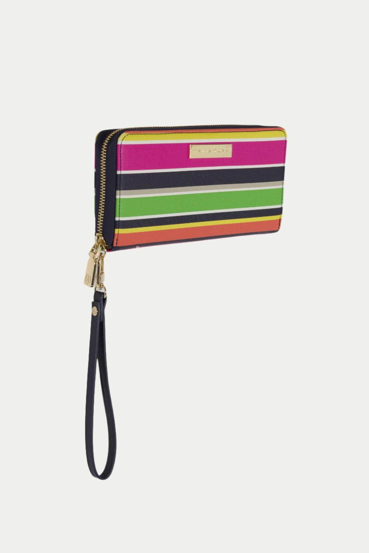 The Saffiano Leather Wristlet - Splash Stripe is a multicolored wallet with a strap.