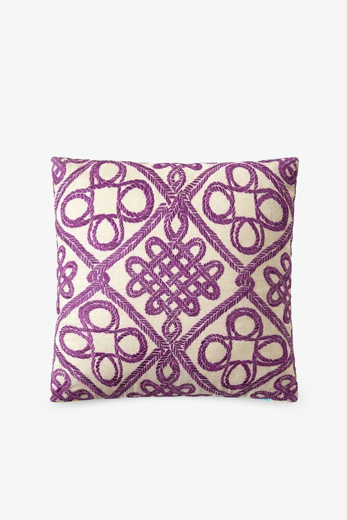 Embroidered Square Pillow in cream, featuring an elaborate purple geometric and looped embroidery on the front, displayed on a plain white background.