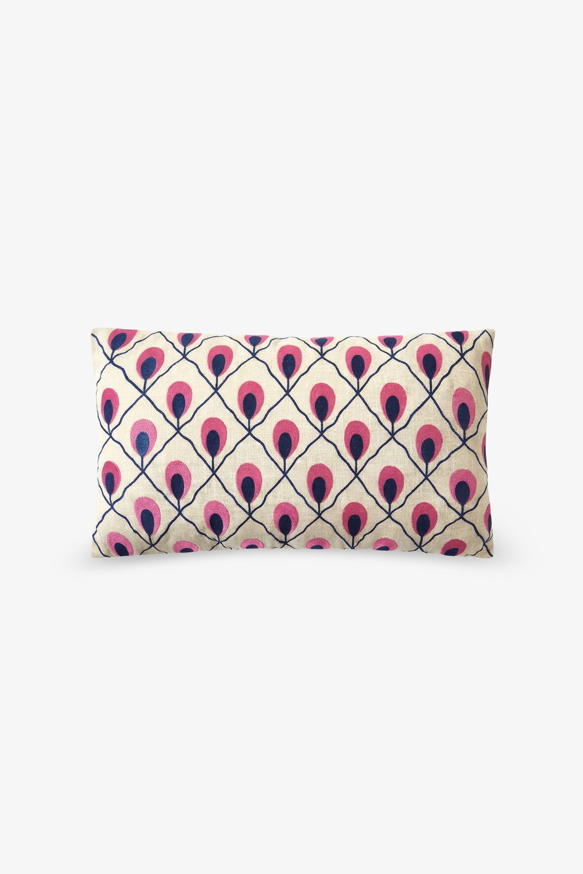 Embroidered Lumbar Pillow featuring a symmetrical pattern of repeating pink and navy blue peacock feathers on a cream background, with the feathers aligned in rows and connected by navy blue lines.