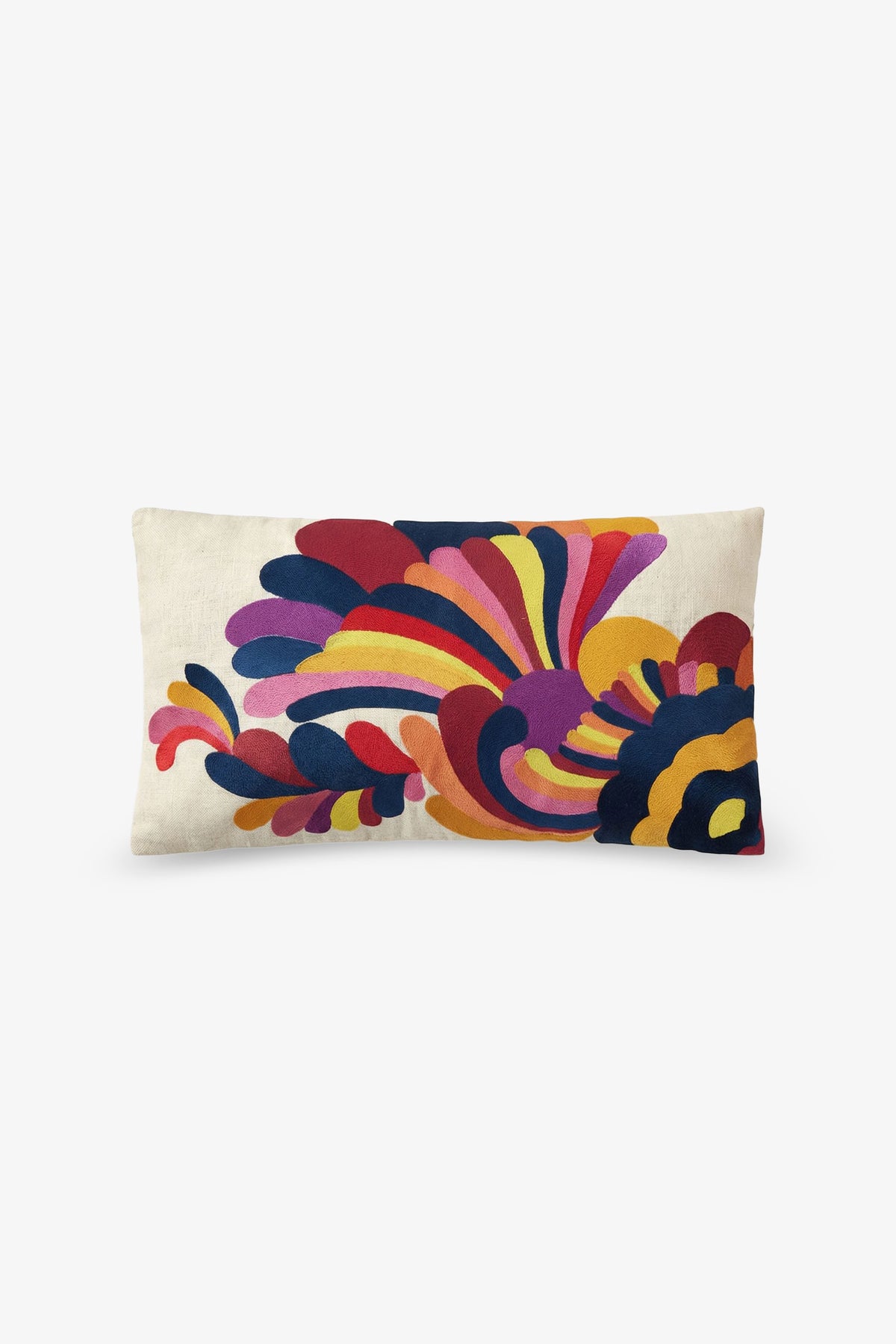 Embroidered Lumbar Pillow with a white background, showcasing a bold, colorful abstract floral design in red, yellow, pink, purple, navy blue, and orange tones.