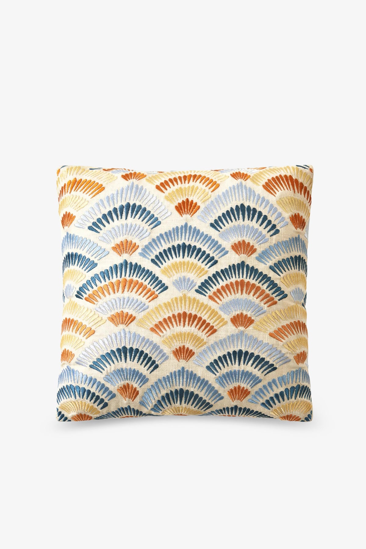 Pasadena Embroidered Square Pillow featuring a geometric, Art Deco-inspired design with rows of overlapping fan-shaped semi-circles in blue, orange, yellow, and cream on a white background.