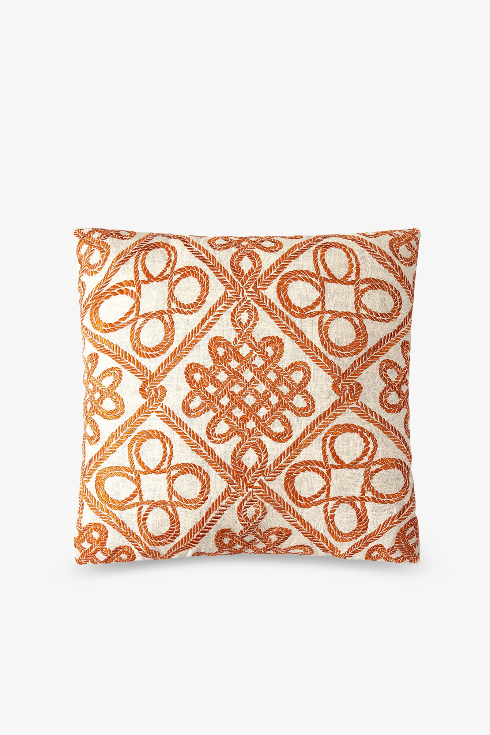 Costa Mesa Embroidered Square Pillow featuring an orange, intricate geometric embroidered pattern on a white background.