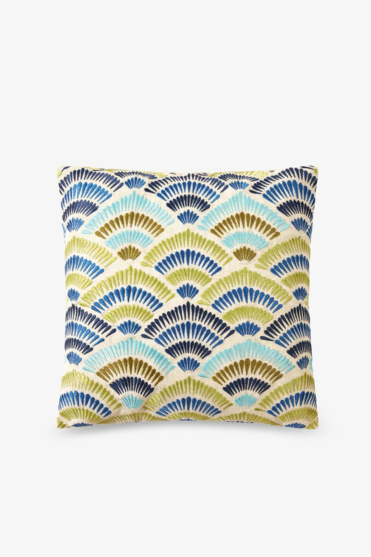 The Pasadena Embroidered Square Pillow features a modern, geometric design of overlapping, fan-shaped semicircles in blue, navy, teal, and yellow on a crisp white background.