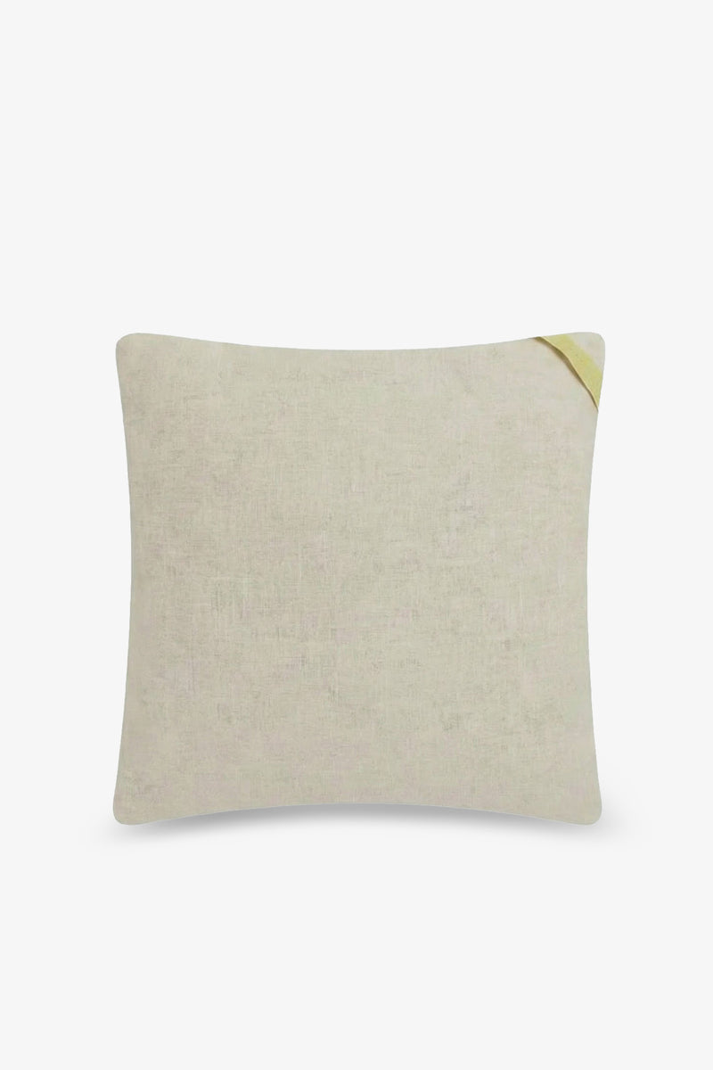 The Costa Mesa Embroidered Square Pillow features a square beige design with a subtle textured finish and a small yellow embroidered detail in the top right corner, displayed on a plain white background.