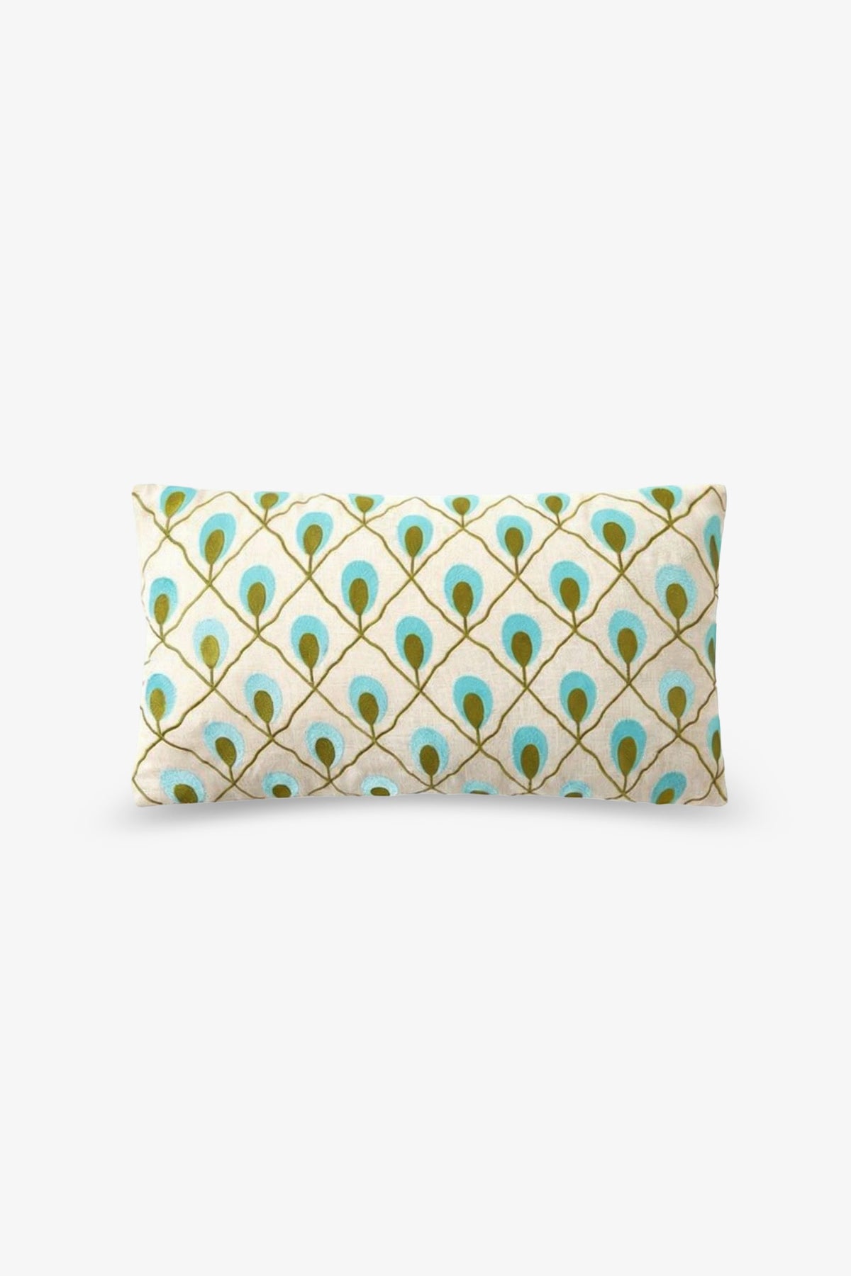 The Roseville Embroidered Lumbar Pillow features a rectangular shape with a repeating pattern of stylized turquoise and gold peacock feathers on a white background.