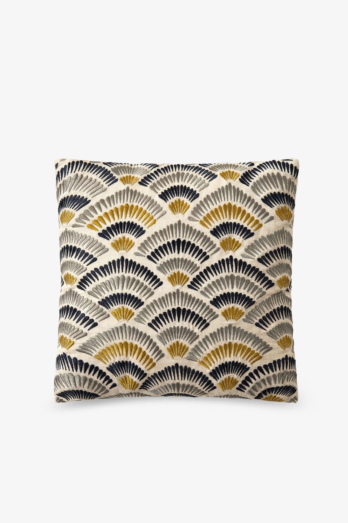 The Pasadena Embroidered Square Pillow features a repeating fan-shaped pattern in black, gold, and beige on a light background. Showcasing an art deco style, the pillow is photographed against a plain white backdrop.